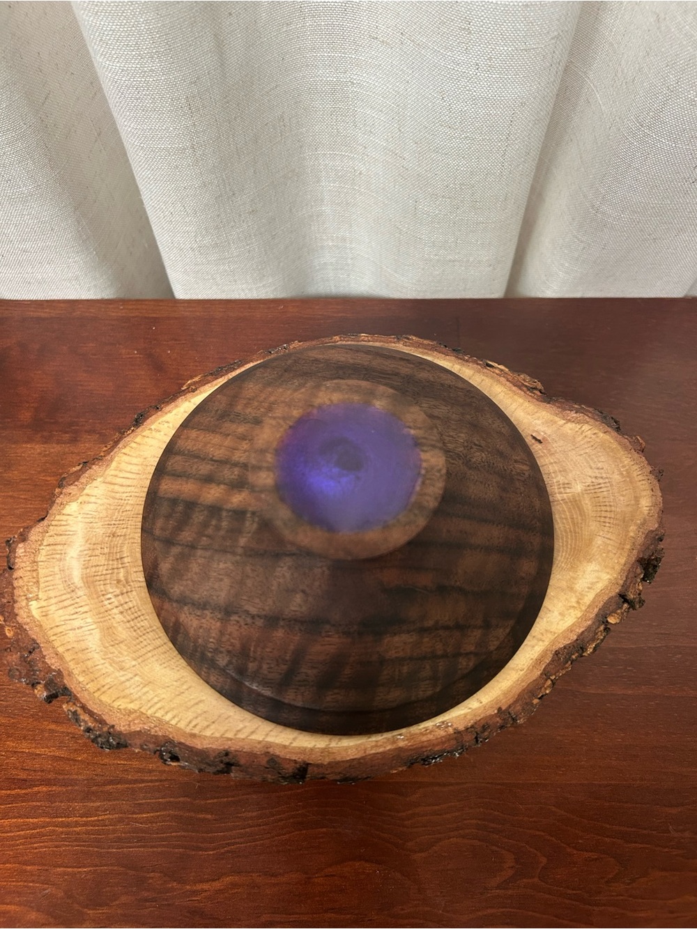 Handcrafted Oak Burl Bowl with Walnut Lid Live Edge Artisan Woodworking Decor - Picture 3 of 10